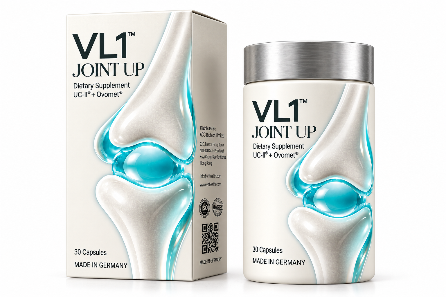 VL1 Joint Up bottle and box packaging